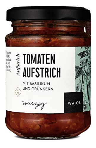 Wajos Tomaten Aufstrich mit Basilikum und Grünkern, 185g: veganer Brotaufstrich perfekt für Frühstück & Brunch. Vegane Lebensmittel
