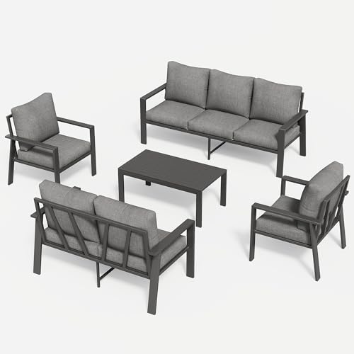 Image of Aluminum Patio Conversation Set with Coffee Table 5 Pieces Deck Outdoor Furniture 7-Seat All-Weather Rust-Proof Sectional Sofa Set with Removable Cushion for Backyard, Poolside & Small Spaces