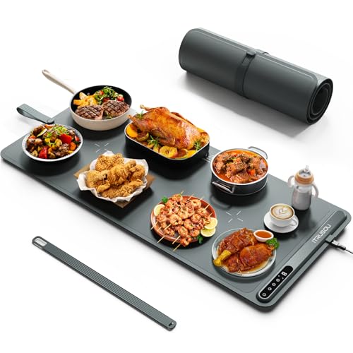 Alfombrilla calefactora para Alimentos (90x40cm) - iTRUSOU Bandeja eléctrica Grande: 7 Niveles Temp, 500W, Temporizador 99h - Alfombrilla Enrollable XL para Fiestas y Buffet