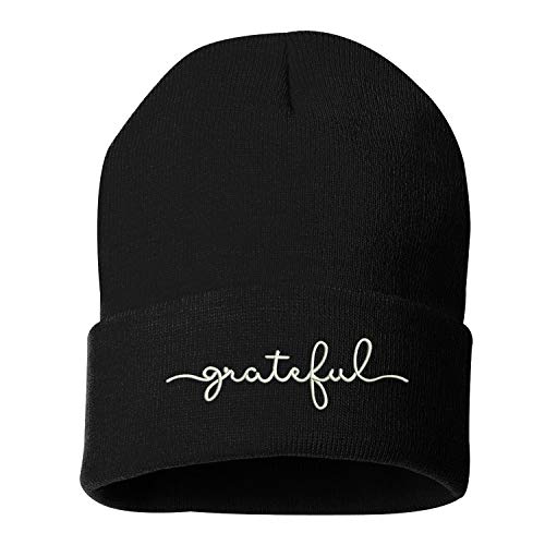 Prfcto Lifestyle Grateful Embroidered Beanie Cuffed Cap - Unisex Skullie Winter Hats (Black)