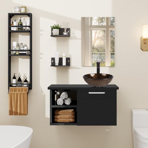YU YUSING Mueble Baño con Lavabo, Espejo y Estanteria Ducha Tres Nivele, Mueble Lavabo con 2 Estantes Pared, Juego Grifería, Conjunto Muebles Baño, Movel Casa de Banho com Pia, Redondo, Marrón