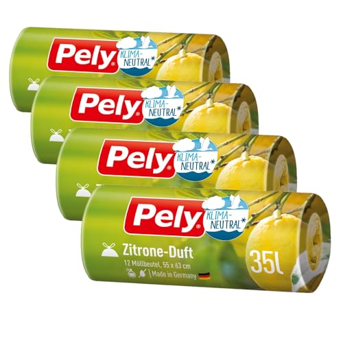 Pely Zugband M&uuml;llbeutel mit Zitronen Duft - Vorteilspack (4 x 12 St&uuml;ck), gelb, f&uuml;r die Entsorgung von Restabfall (35 Liter) mit angenehmen Duft