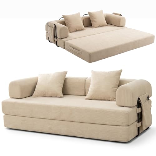 Lynna Sofa Cama 3 plazas sin Montaje – Sofa Modular autoexpandible Convertible en Cama Doble Grande, cómodo y versátil para Salones Modernos y Pisos pequeños, 200x94x70 cm (Beige)