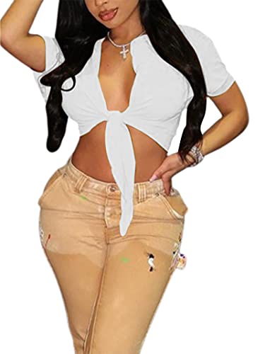 Zoyami Womens Sexy Tie Front Crop Top Short Sleeve Graphic Tee Shirt Clubwear3