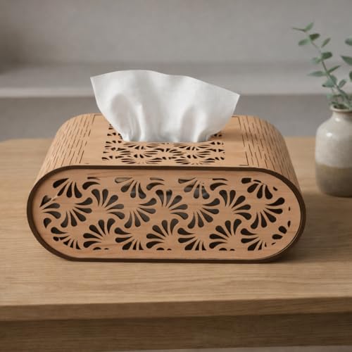 Image of Premium Wooden Tissue Box Cover for Table - Laser Cut Floral Design Napkin Holder, Decorative Rectangular Tissue Dispenser Case for Living Room, Dining Table & Office Desk Decor (Brown)