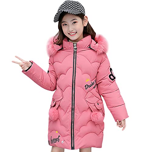 LSERVER Manteaux Fille avec Fourrure Col Capuche Coupe-vent Chaude Doudoune Mode Imprimée Veste Enfants Epais Longs Hiver Vêtements pour Âge 5-13 Ans, Rouge, 130, 6-7 ans Cover