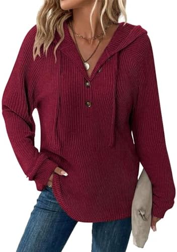 Tanmolo Pullover Damen Hoodie Leichter Sweatshirt | V-Ausschnitt, Knopfleiste, Kapuzenpullover, Weicher Strickpullover, Langarm, Herbst und Übergangszeit