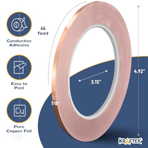 Image of Kraftex Copper Tape 1 /8 inch x 66ft. Copper Foil Tape for Stained Glass Soldering with Conductive Adhesive. Great Shielding for Guitars, EMI Shielding, Jewlery Making and Crafts