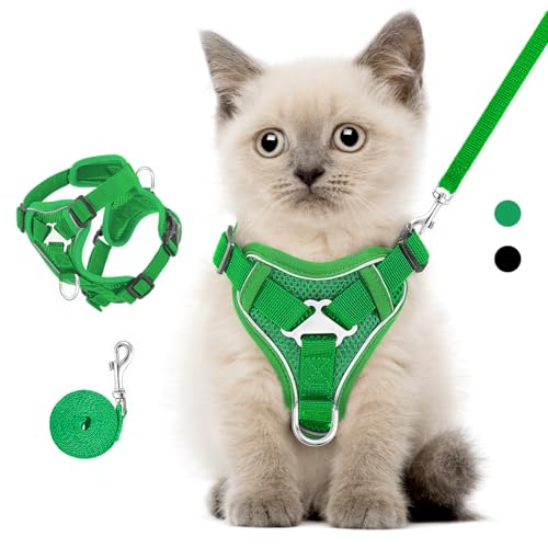 VavoPaw Pettorina per Cani con Guinzaglio da 1,5M, Imbracatura per Gatti Antifuga con Rete Traspirante e Strisce Riflettenti, Gilet Morbido e Regolabile per Cani Gatti, S, Verde Medio
