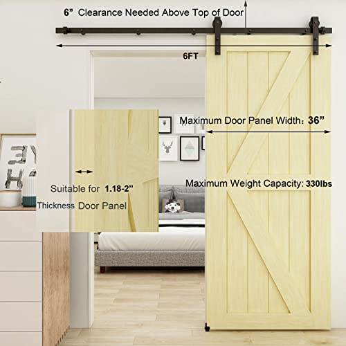 Toimiotoim 6Ft Sliding Barn Door Hardware Kit For Single Doors Heavy Duty Sturdy, Smoothly And Quietly, Fit 1 3/16-2" Thickness Door Panel - Black(J Shape Hanger) #TOP1