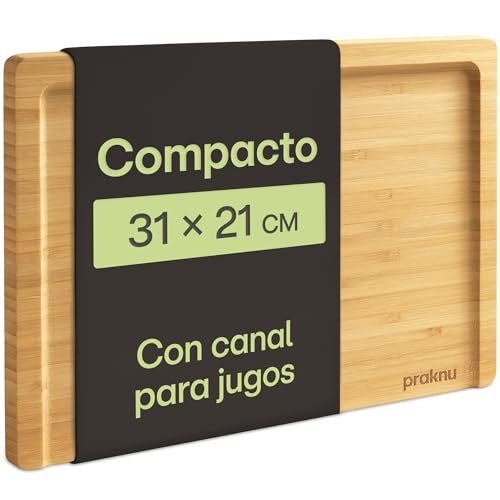 Praknu Tabla de Cortar Cocina Madera Bambú - Compacta 31,5 X 21,5 Cm - Con Ranura Para Jugo y Reversible - Bambú FSC® Para Verduras, Carne y Servir - Ahorra Espacio y Práctica