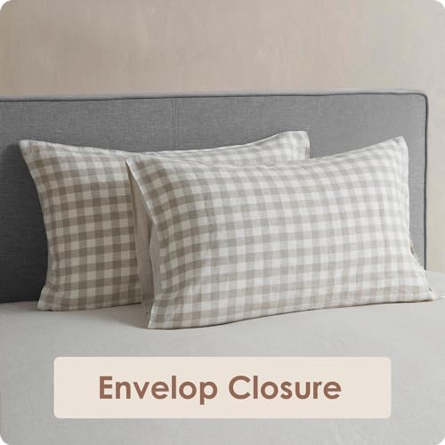 DAPU Pure Linen Sheets Set, Gingham Check Plaid 100% Washed Linen Bedding with Envelope Closure, 4 PCs Hypoallergenic Soft Linen Sheets Set, Geometric Checkered Pattern in Beige & White, Queen Size