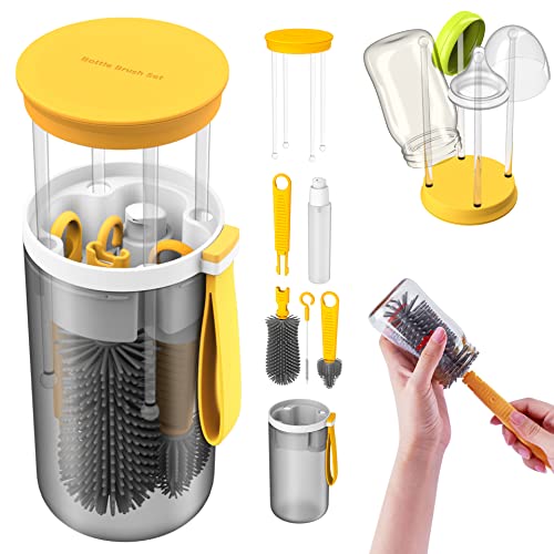 Image of Baby Bottle Brush&Travel Baby Bottle Drying Rack-Portable Baby Bottle Cleaning Silicone Brush, Bottle Cleaner Brush Kit with Stand,New Mom Gifts for Women After Birth (Yellow)