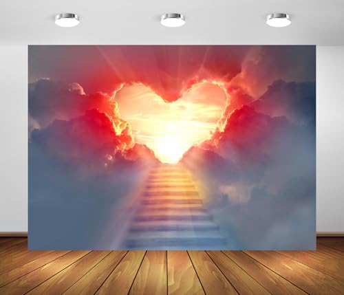 BELECO 7x5ft Fabric Stairway to Love Backdrop Valentine's Day Red Heart Shaped Sky Clouds Religion Background Christian Lovers Valentines Party Decorations Birthday Photoshoot Props