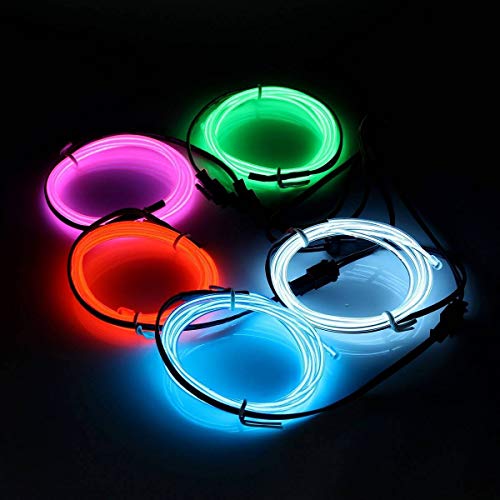 5x1M Fil Néon à Pile EL Câble Guirlande Lumineuses 3 Mode Éclairage Fix Clignotant Stroboscope Tube Fluo El Wire Déco Vêtement Festif Soirée Fête Mariage Voiture Vélo Intérieur (5 Couleur)