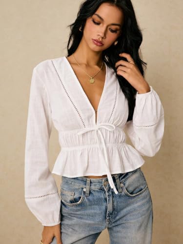 Image of Shasmi Women's Solid Deep V Neck Cotton Long Bishop Sleeve Drawstring Waist Ruffle Hem Peplum Top | Blouse | Casual Boho Cottagecore Shirt for Office, Vacation & Daily (Top 304)