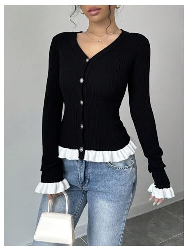 MakeMeChic Women's Button Down Cardigan Sweaters V Neck Blouse Lace Long Sleeve Knitted Sweater3