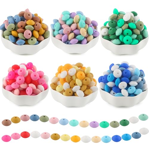 Sunrony 300Pcs Silicone Lentil Beads for Keychain Making,Bulk Mixed Color 12mm Silicone Abacus Spacer Beads for Necklace Bracelet Making Pens (Mixed 300Pieces)