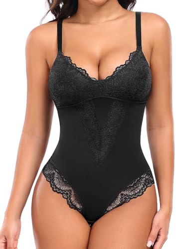 UMIPUBO Body Gainant Femme Ventre Plat Body Sculptant Femme Amincissante Gainant Corset Dentelle Col V Shapewear Lingerie Réglable Strap Combinaison Minceur Bodysuit (Noir, XL)