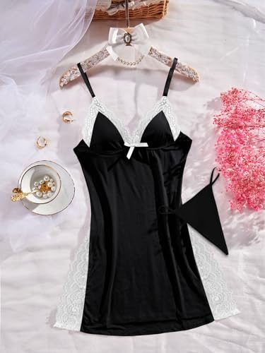 Image of Foxiny Sexy Split Side Floral Lace Trim Full Slip Night Gown Babydoll Lingerie Dress with Thong 2 piece