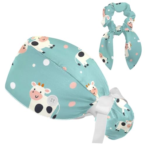 Working Cap with Button & Sweatband, Cow Animal Adjustable Tie Back Hat Nurse Surgical Cap