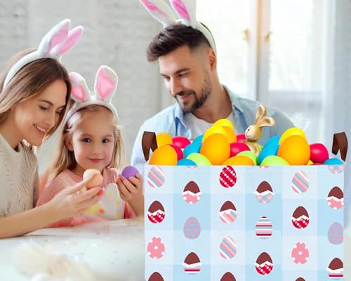Image of Large Rectangular Easter Baskets Empty Waterproof Boy Toy Box Foldable Kid's Gifts Storage Bin Spring Room Decor(Blue Checkered Egg)