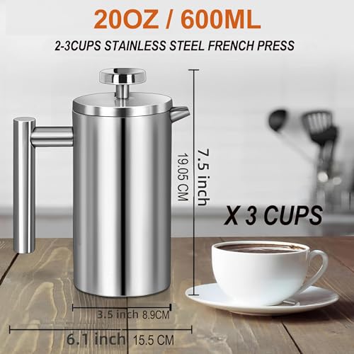 Image of Small French Press Stainless Steel Coffee Maker 21oz(3 Cups), Double Wall Insulated for Hot& Cold Brew, Compact Coffee& Tea Press for Camping, Office, Travel with 3 Ultra-Fine Filters & Spoon- Silver