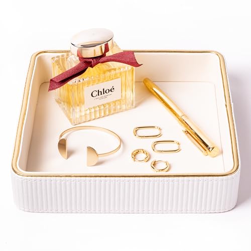 ZHEM Small Night Stand Organizer Nightstand Tray Bedside Table Organizer Women| Dresser Trays for Bedroom Leather Valet Trinket Tray Catch All| Purse Bowl for Women| Desk Trays (White)