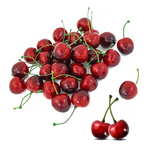 LATRAT 40 unidades de cerezas decorativas decorativas para fruta, decoración de mesa, color rojo, negro, cereza, cereza, decoración de frutas falsas, frutas, fiestas, festivales