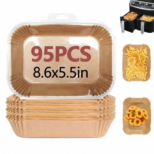 Image of 95PCS Air Fryer Liners for Ninja, 8.6 x 5.5 inch Disposable Air Fryer Paper Dual Basket, Non-Stick Unbleached Parchment Paper Baking Accessories Liners for Natural Ninja DZ201 DZ401