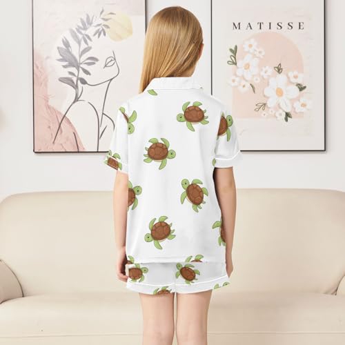 Satin Pajama Sets Short Sleeve Turtle Pattern Print Design_1 Button Down Silky Nightwear 2 Piece PJS 5-14Y4