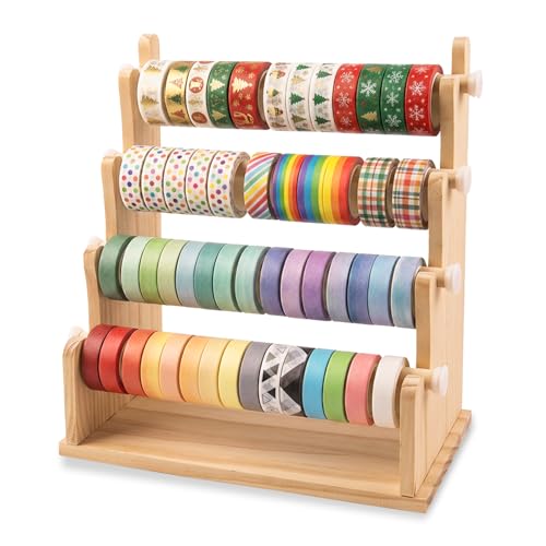 COZFUR Washi Tape Organizer 4-Tier Wooden Washi Tape Storage Holder for Art Craft Supplies Display Rack for Ribbon Masking Tape Jewelry Bracelets