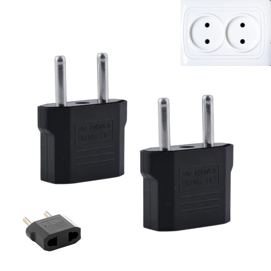 Hi-Plasst Europe 2-Pin to India (2 Pieces) Travel Adapter (6A, 250V) – EU Power Plug Converter for Europe & Indian Sockets | 2pin Black – Works in China, France, Italy, Spain & India (Pack of 2)