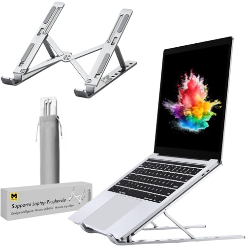 Supporto PC Portatile in Alluminio Argento – Laptop Stand Regolabile a 7 Livelli - Ergonomico e Antiscivolo - Design Ventilato Pieghevole e Leggero - Compatibile con Notebook - MacBook e Tablet 10-17'