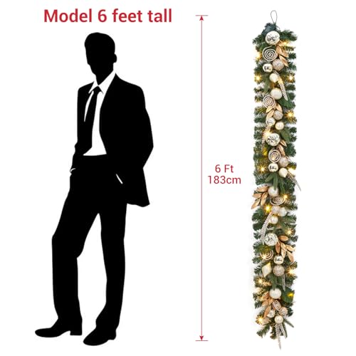 6ft Pre-Lit Christmas Garland, Battery Powered Xmas Garland with Lights, Gold Leaves, Ball Ornaments, Artificial Christmas Decor for Front Door Fireplace Mantle Stairs
