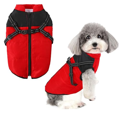 DICOCO 犬 服 秋冬 ハーネス付き 着脱簡単 犬 防風服 背中開き 犬 コートパピーサイズ有 犬の服 防水 子犬服(S-XXL)ノースリーブ ドッグウェア 犬 猫 防寒 暖かい 犬 コート服 反射テープ 牽引ロープハング可能(レッドB、XL)