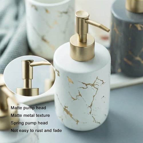 Image of Ceramic Bath Accessories Set of 3 (Luxe White) - 400ml Soap Dispenser, Tumbler & Soap Dish, White with Gold Marble Design, Bathroom Countertop Organizer for washbasin