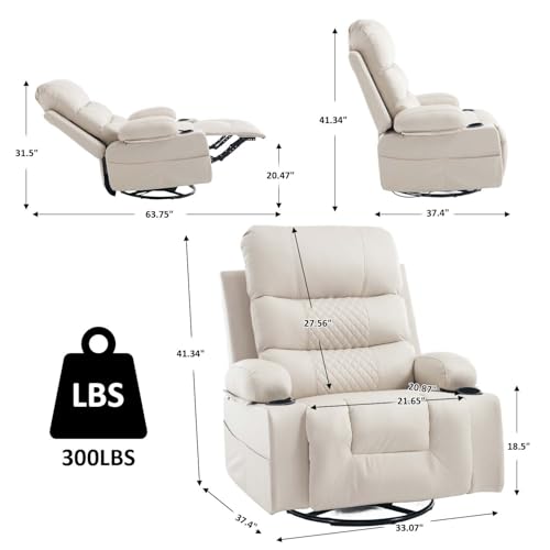 KCQ Power Swivel Rocker Recliner with Massage and Heat USB Port, Overstuffed Faux Leather Electric Rocking Recliner Chair Swivel Glider Chairs for Nursery, White - Image 3