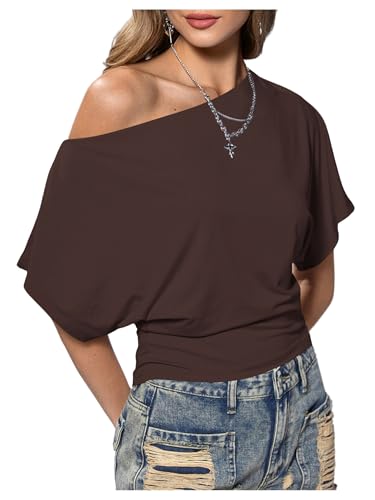 SweatyRocks Womens Off The Shoulder Crop Tops Asymmetrical Y2K Going Out Top Dolman Short Sleeve 2026 Summer Trendy Clothes Chocolate Brown Large