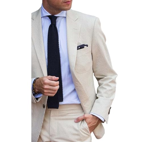 Mens Tan Seersucker Summer Suit Grooms Sear Sucker Suit for Wedding Mens Formal Suits Slim Fit