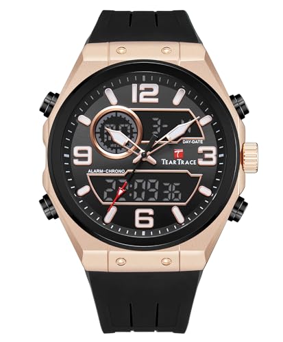 TEARTRACE Mens Watches with Silicone Strap Analog-Digital Waterproof Luminous Chronograph Black/Green/Orange/Bronze Watches for Men, Big Face Sport Work Wrist Watch Relojes para Hombres