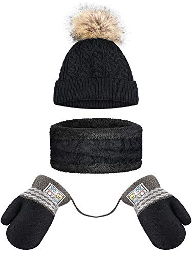 3 Pieces Fleece Kids Winter Hat Scarf Glove Set Fleece Lined Beanie for Infant Baby Kid Toddler Boy Girl Faux Fur Pom Ball Beanie Cap Knitted Neck Gaiter Warmer Thick Warm Mittens, 0-4 Years, Black