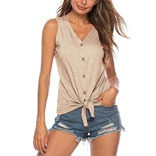 Women's Tie Knot Button Down Shirts Sleeveless Casual Blouse Curved Hemline Tops S-XXL