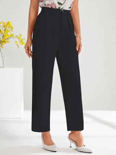 Image of Shasmi Women's High Waist Pleated Straight Leg Trousers - Elegant Solid Color Work Pants with Pockets, Casual Office Wear Polyester Blend Wide Leg Suit Pants (Trouser 235)