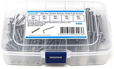iexcell 100 Pcs M4 x 20/25/30/35/40 Stainless Steel 304 Hex Socket Button Head Cap Screws Bolts Assortment Kit