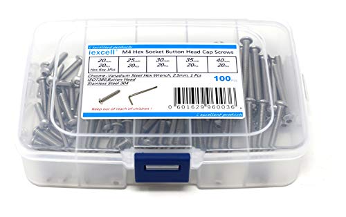 Iexcell 100 Pcs M4 X 20/25/30/35/40 Stainless Steel 304 Hex Socket Button Head Cap Screws Bolts Assortment Kit #TOP13