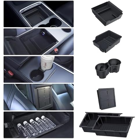 Center Console Organizer Tray for Tesla Model Y 2024 2023-2020, BANKKY 6PCS Interior Accessories with Armrest Storage Tray and Hidden Storage Box, Cup Holder Insert, Under Seat Storage Box Cover