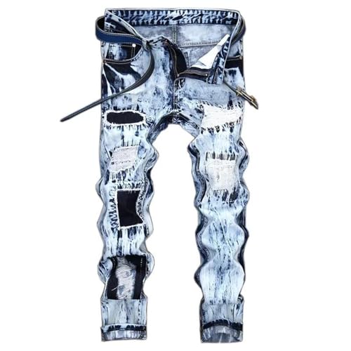 Men's Skinny Patchwork Ripped Jeans (Without Belt) Slim Fashion High Street Motorcycle Denim Pants2