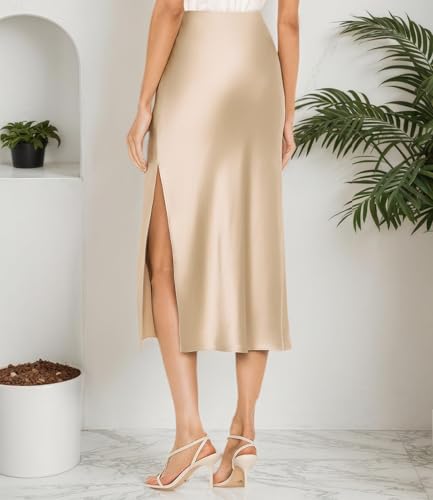 Image of Amy Babe Womens Satin Silk High Waist Slit Midi Skirt Long Skirts for Women | Elastic Waistband, Side Split, Midi Length, Below the Knee, Silky Fabric, Elegant, Fall Winter Outfits