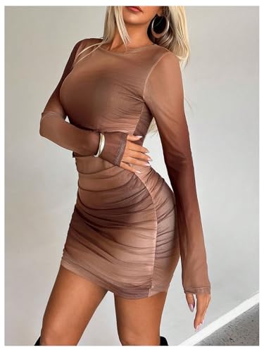 Image of GORGLITTER Women's Long Sleeve Mini Dress Vacation Party Wedding Guest Cocktail Ombre Ruched Mesh Bodycon Dresses